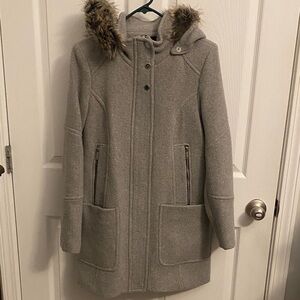 London Fog Women's Hooded Wool-Blend Coat with Faux Fur Trim - Gray size small
